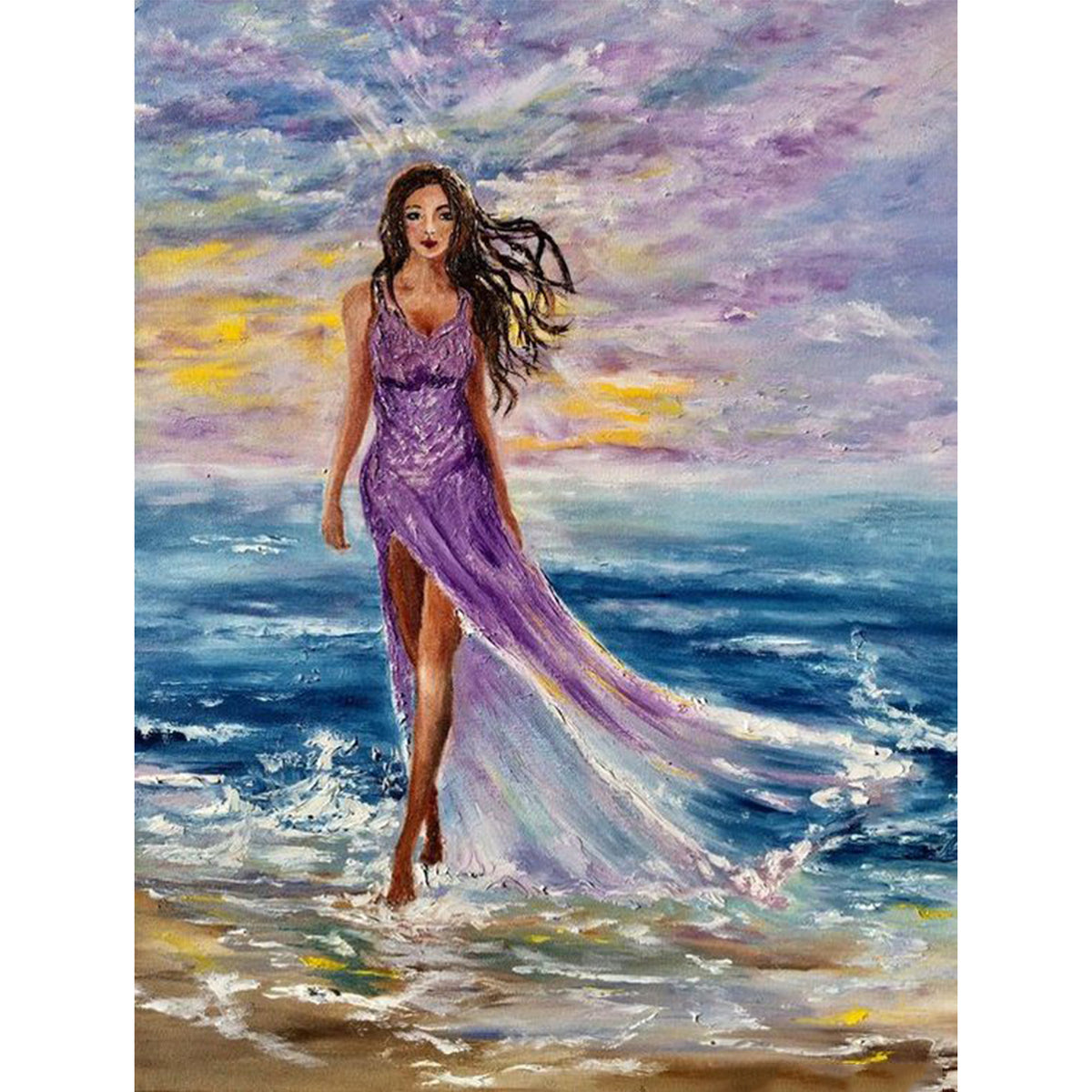 A Woman with a Purple Skirt by the Sea 5D Diamond Painting