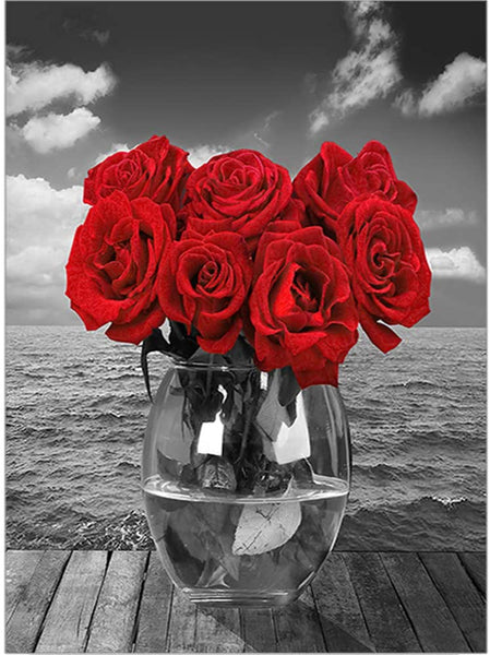 5D Diamond Painting Beach Red Rose Flowers Paint with Diamonds Art Crystal Craft Decor  AH2358