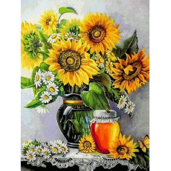 Sunflowers In Red Vase - Diamond Paintings 
