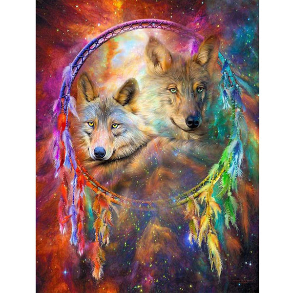 Colorful Feather Dream Catcher and Wolf 5D Diamond Painting