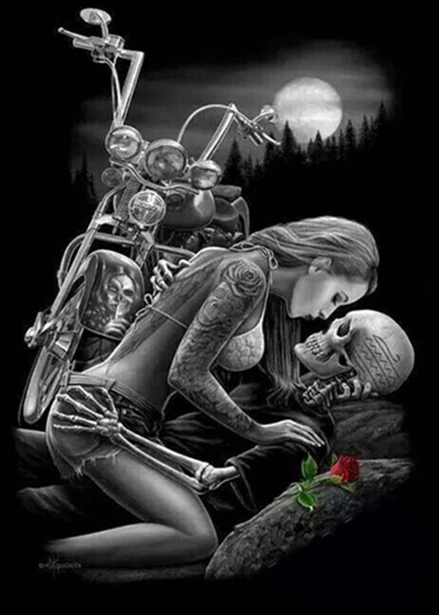 Moonlight Motorcycle Skeleton Couple 5D Diamond Painting